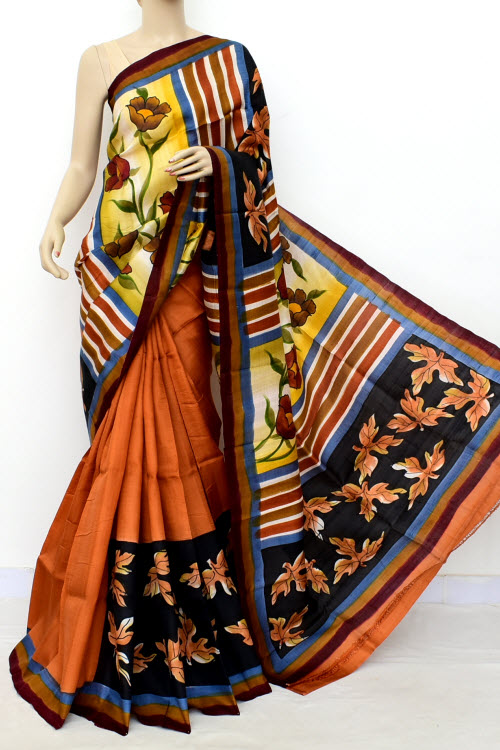 Rust Printed Handloom Double Knitted Pure Silk Saree (With Blouse) 16429