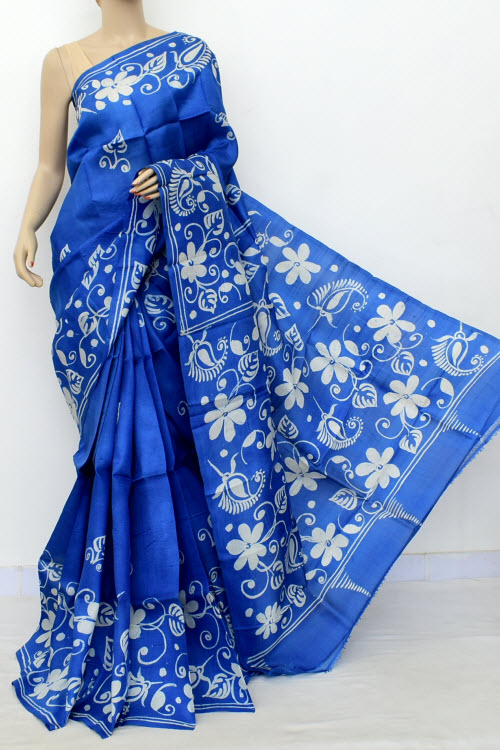 Royale Blue Batik Print Handloom Double Knitted Pure Silk Saree (With Blouse) 16424