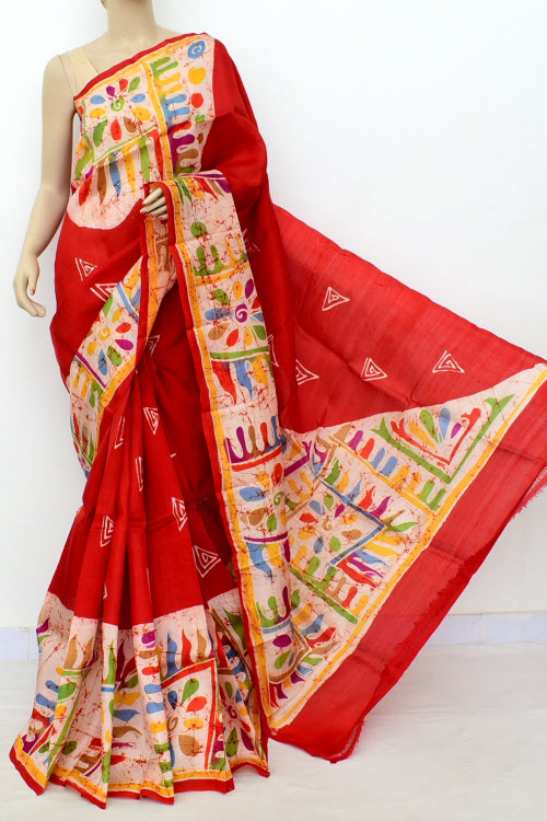 Red Batik Print Handloom Double Knitted Pure Silk Saree (With Blouse) 16367
