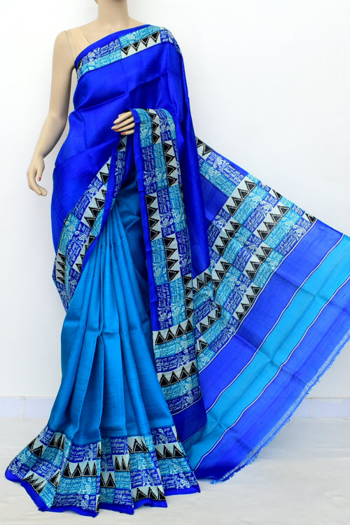 Pherozi Blue Half-Half Printed Handloom Double Knitted Pure Silk Saree (With Blouse) 16330