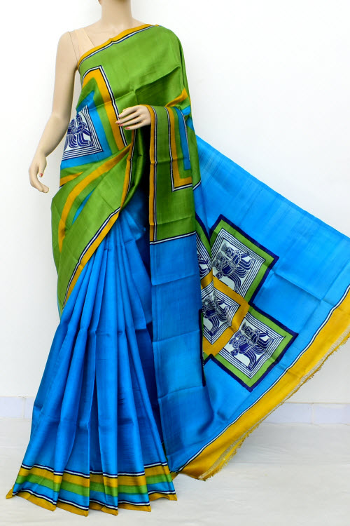 Pherozi Blue Green Printed Handloom Double Knitted Pure Silk Saree (With Blouse) 16328