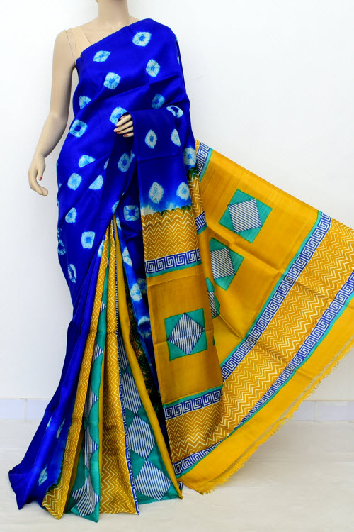 Royal Blue Mustard Printed Handloom Double Knitted Pure Silk Saree (With Blouse) 16287