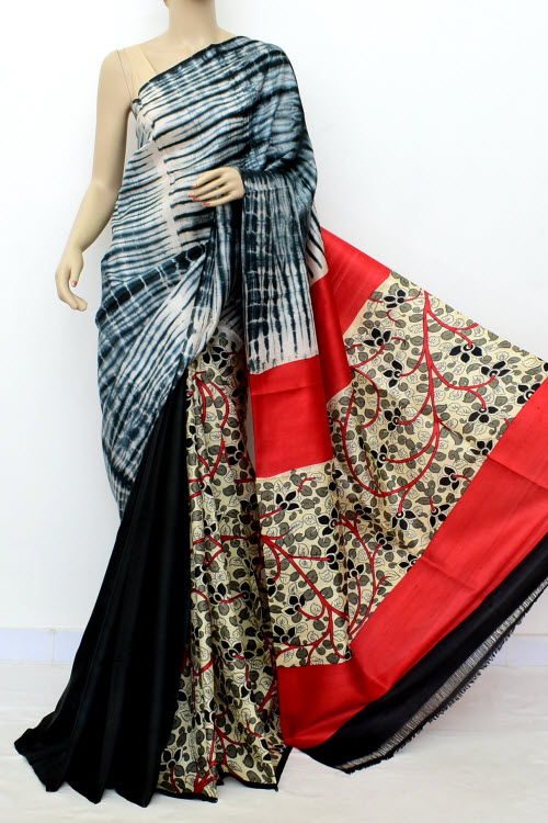Red Black Batik & Kalamkari Print Handloom Double Knitted Pure Silk Saree (With Blouse) 16284
