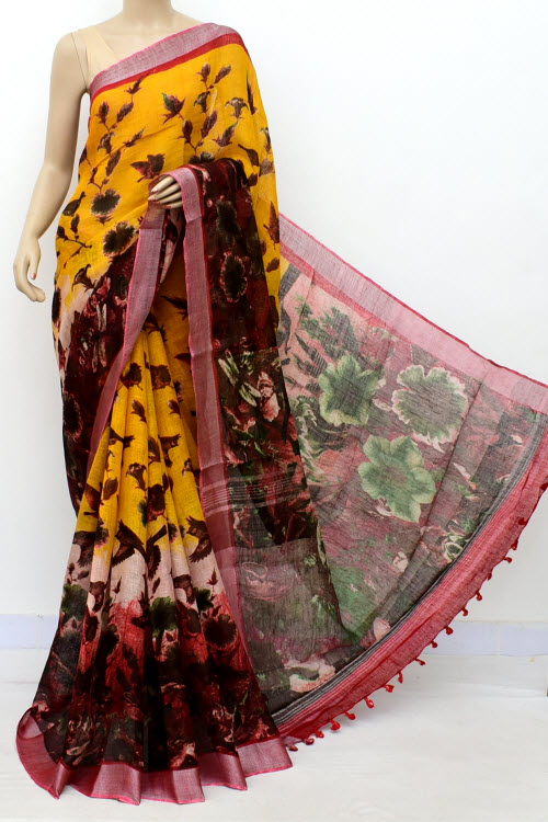 Yellow Exclusive Wrinkle Free Linen Fabric Digital Printed Saree (With Blouse) 16296