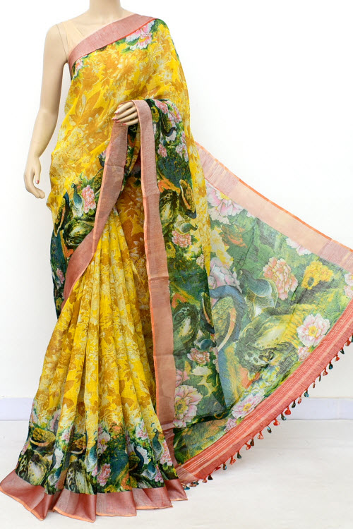Yellow Exclusive Wrinkle Free Linen Fabric Digital Printed Saree (With Blouse) 16298