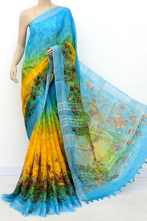 Pherozi Blue Yellow Exclusive Wrinkle Free Linen Fabric Digital Printed Saree (With Blouse) 16300