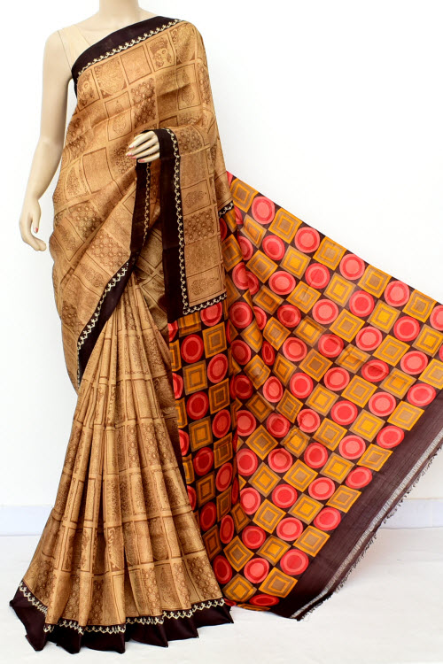 Light Chocolatee Handloom Double Knitted Printed Pure Silk Saree (With Blouse) 16355