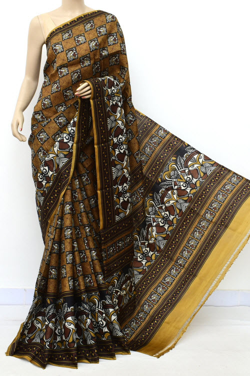 Coffee Handloom Double Knitted Printed Pure Silk Saree (With Contrast Blouse) 16349