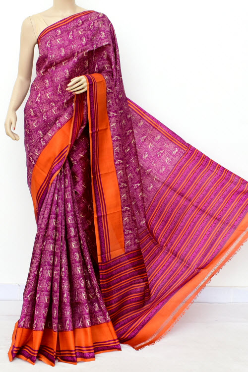 Magenta Orange Handloom Double Knitted Printed Pure Silk Saree (With Blouse) 16343