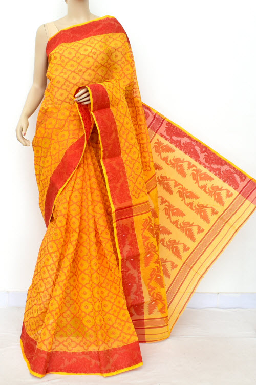 Turmeric Yellow Red Jamdani Handloom Bengal Tant Cotton Saree (Without Blouse) 17694