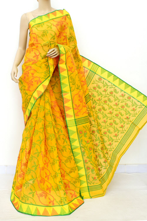 Golden Yellow Jamdani Handloom Bengal Tant Cotton Saree (Without Blouse) 17685