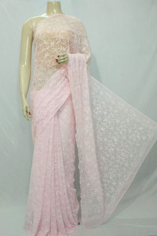 Light Pink Color Hand Embroidered Lucknowi Chikankari Saree (With Blouse - Georgette) Allover Tepchi Work 71117