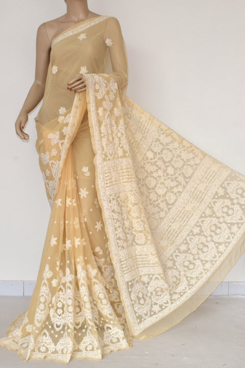 Fawn Hand Embroidered Lucknowi Chikankari Saree (With Blouse - Georgette) Rich Pallu 14466