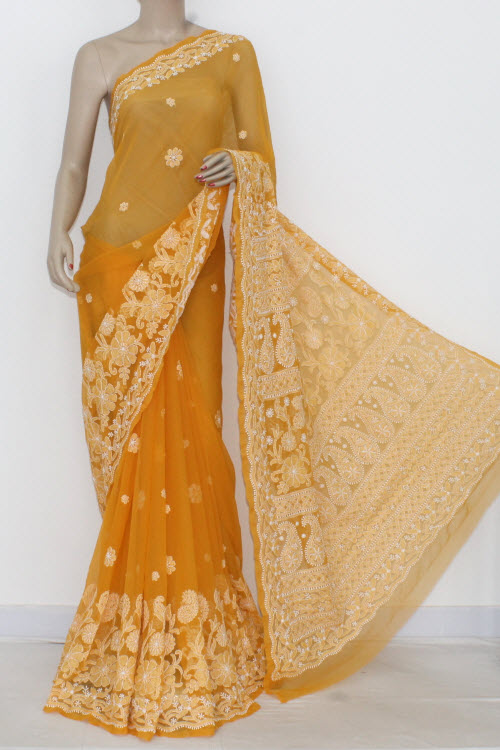 Mustard Hand Embroidered Lucknowi Chikankari Saree (With Blouse - Georgette) 14470