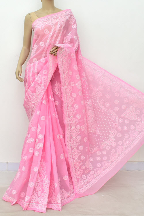 Pink Hand Embroidered Designer Lucknowi Chikankari Saree (With Blouse - Cotton) Heavy Skirt Border And Rich Pallu 14787