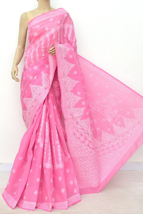 Onion Hand Embroidered Designer Lucknowi Chikankari Saree (With Blouse - Cotton) Heavy Skirt Border And Rich Pallu 14791