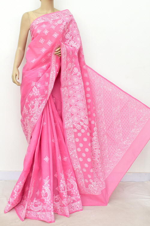 Onion Hand Embroidered Lucknowi Chikankari Saree (With Blouse - Cotton) Rich Border And Pallu 14793
