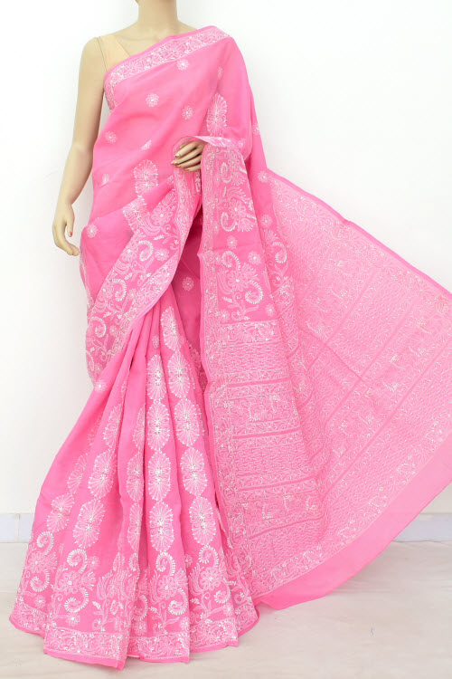 Onion Hand Embroidered Designer Lucknowi Chikankari Saree (With Blouse - Cotton) Heavy Skirt Border And Rich Pallu 14800