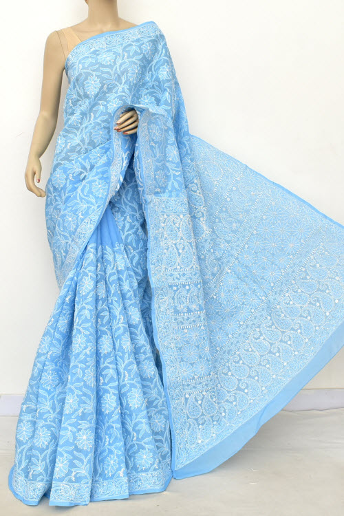 Sky Blue Allover Hand Embroidered Lucknowi Chikankari Saree (With Blouse - Cotton) 14902