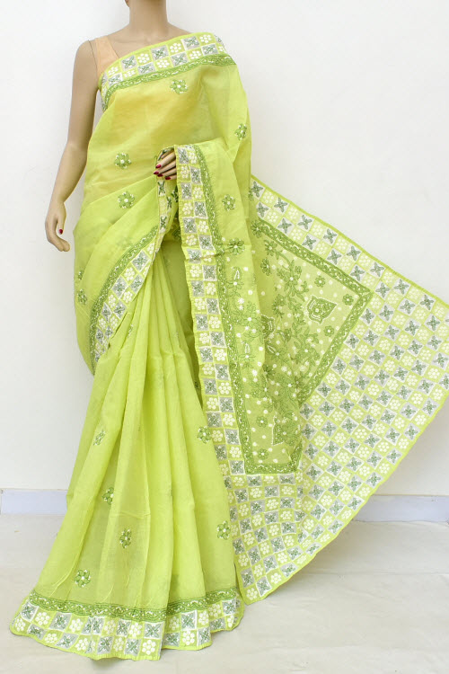 Light Pista Green Hand Embroidered Patch-Work Lucknowi Chikankari Cotton Saree (With Blouse) 15088