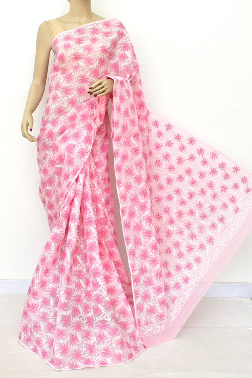 Pink Allover Hand Embroidered Tepchi Work Lucknowi Chikankari Kota Cotton Saree (Without Blouse) 15209