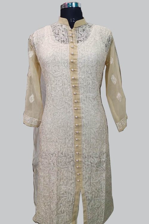 Beige color Hand Embroidered Lucknowi Chikankari Front open Long Kurti (Cotton) Bust-38,40,42,44,46 inch 71180