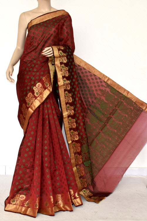 Maroon Handloom Banarasi Semi Cotton Saree (with Blouse) Allover Resham Weaving 16221