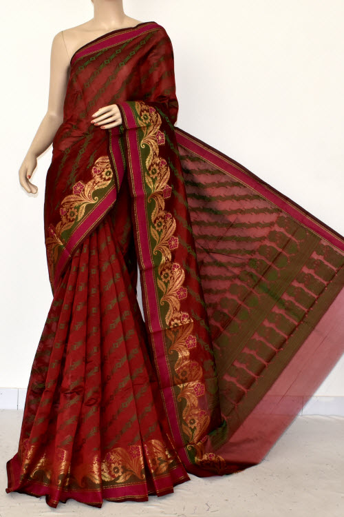 Maroon Handloom Banarasi Semi Cotton Saree (with Blouse) Allover Resham Weaving 16223