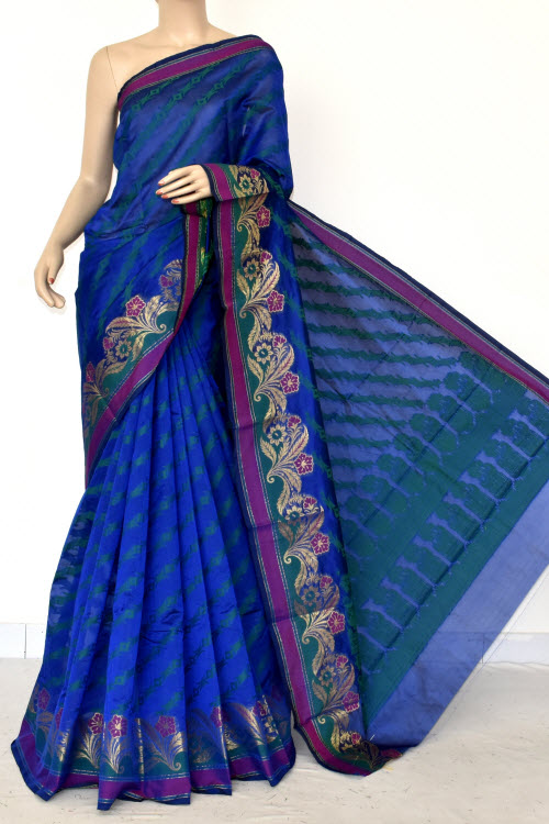 Royal Blue Handloom Banarasi Semi Cotton Saree (with Blouse) Allover Resham Weaving 16224