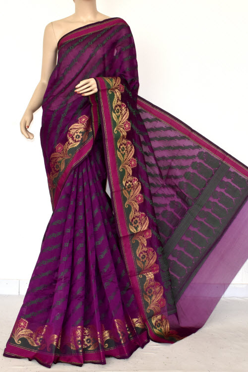 Magenta Handloom Banarasi Semi Cotton Saree (with Blouse) Allover Resham Weaving 16225