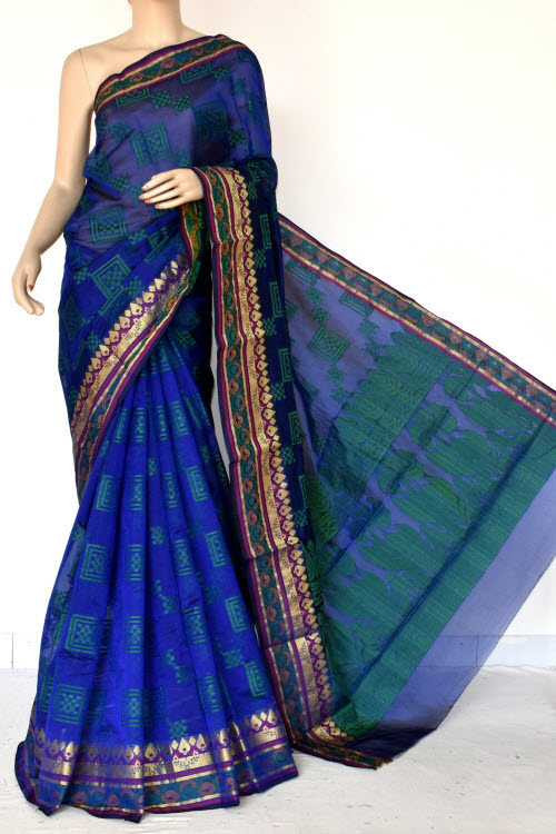 Royal Blue Handloom Banarasi Semi Cotton Saree (with Blouse) Zari Border Resham Weaving 16229