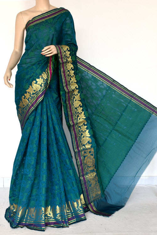 Bluish Green Handloom Banarasi Semi Cotton Saree (with Blouse) Zari Border Resham Weaving 16232