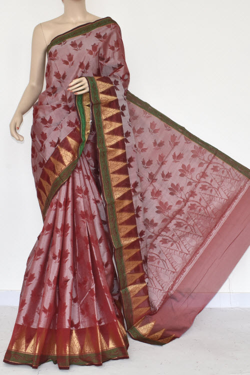 Maroon Handloom Banarasi Semi Cotton Saree (with Blouse) Allover Resham Weaving 16235