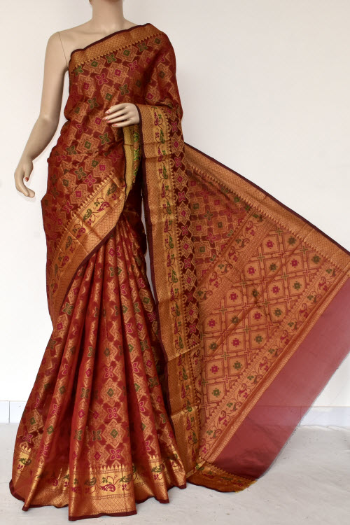 Maroon Handloom Banarasi Kora Saree (with Blouse) Allover Resham Weaving 16245