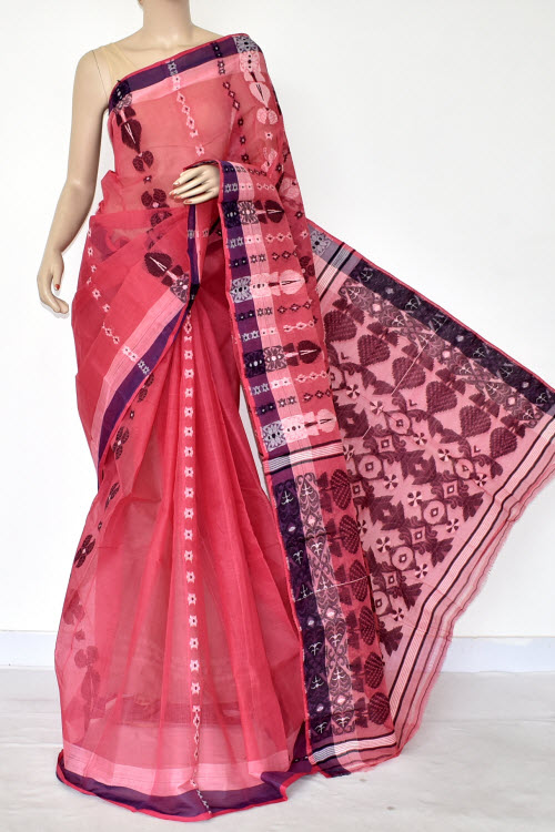 Dark Peach Handwoven Bengal Tant Cotton Saree (Without Blouse) 14078