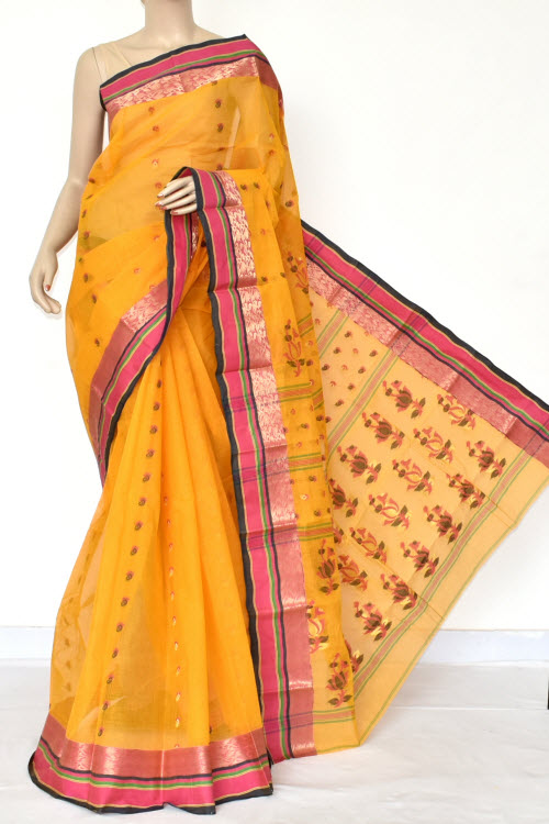 Golden Yellow Handwoven Bengal Tant Cotton Saree (Without Blouse) Embroidered Pallu 17099