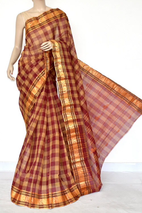 Maroon Fawn Check Handwoven Bengal Tant Cotton Saree (Without Blouse) Zari Border 17422