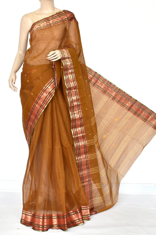 Teak Color Handwoven Bengal Tant Cotton Saree (Without Blouse) Zari Border 17426