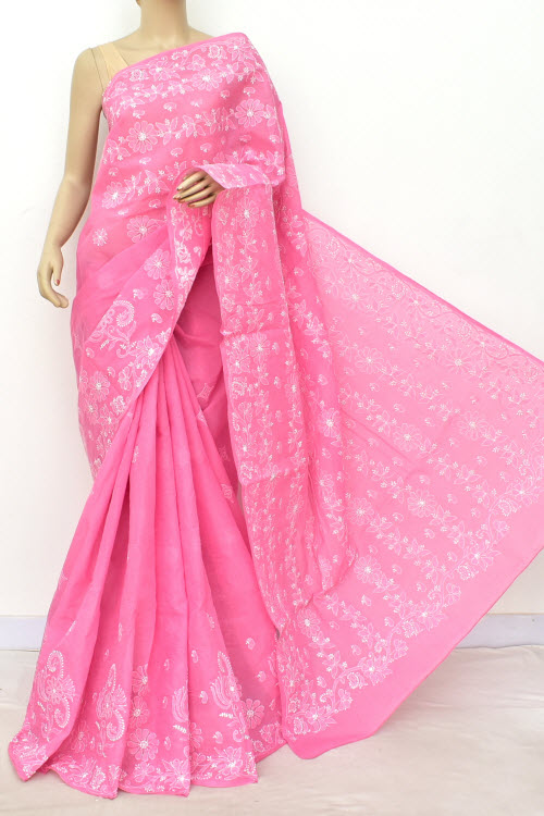 Onion Hand Embroidered Lucknowi Chikankari Saree (With Blouse - Cotton) Rich Border And Pallu 14817