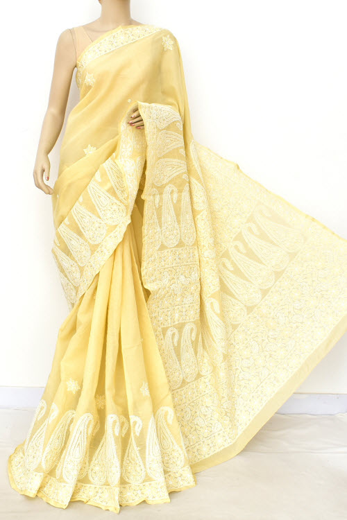 Fawn Hand Embroidered Lucknowi Chikankari Saree (With Blouse - Cotton) Rich Border And Pallu 14893