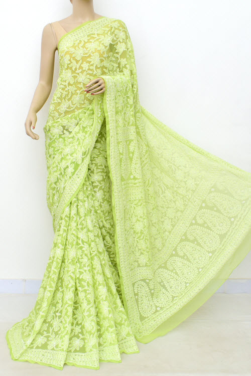 Light Pista Green Allover Hand Embroidered Lucknowi Chikankari Saree (With Blouse - Georgette) 14984
