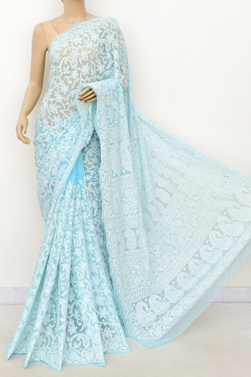 Sky Blue Allover Hand Embroidered With Fine Mukaish Work Lucknowi Chikankari Saree (With Blouse - Faux Georgette) 15027 (A Bridal Collection)