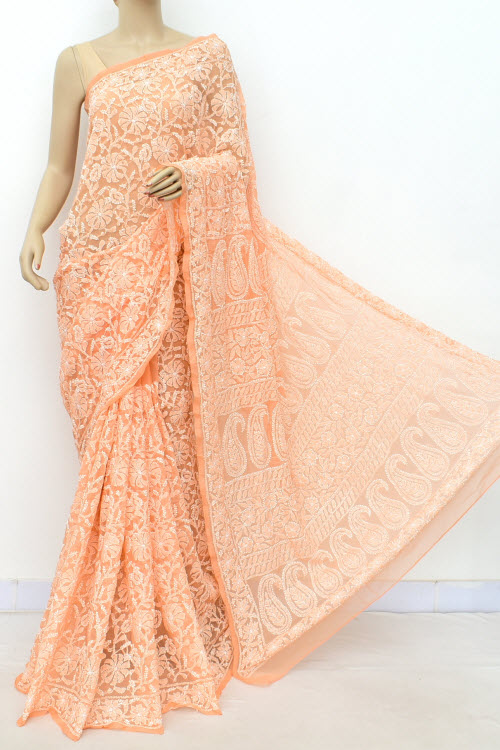 Light Orange Allover Hand Embroidered Lucknowi Chikankari Saree (With Blouse - Georgette) 15040