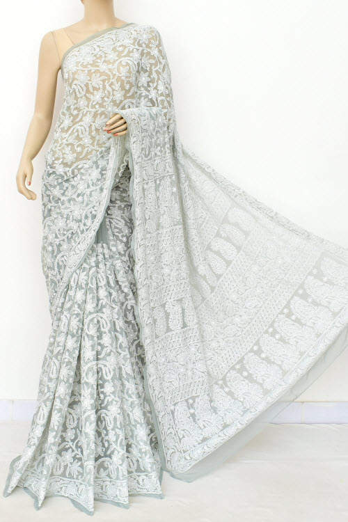 Grey Allover Hand Embroidered Lucknowi Chikankari Saree (With Blouse - Georgette) 15042