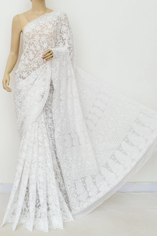 White Allover Hand Embroidered Lucknowi Chikankari Saree (With Blouse - Georgette) 15045