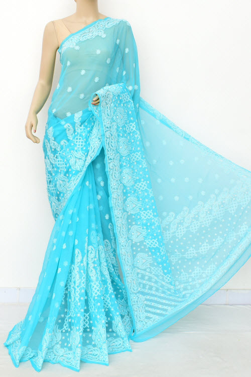Light Blue Designer Hand Embroidered Lucknowi Chikankari Saree (With Blouse - Georgette) 17309