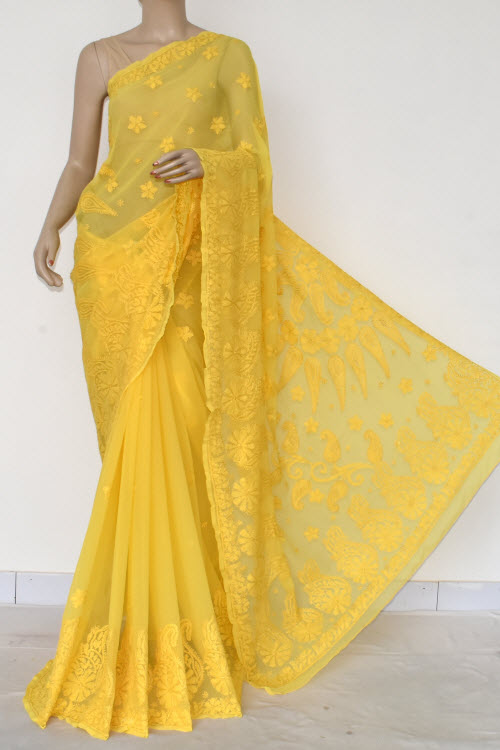Yellow Hand Embroidered Lucknowi Chikankari Saree (Georgette-With Blouse) 14616