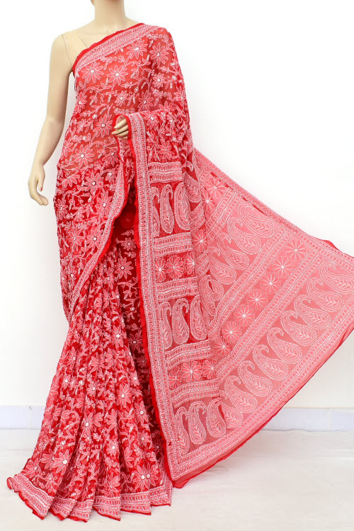 Red Allover Hand Embroidered Lucknowi Chikankari Saree (With Blouse - Faux Georgette) 14699