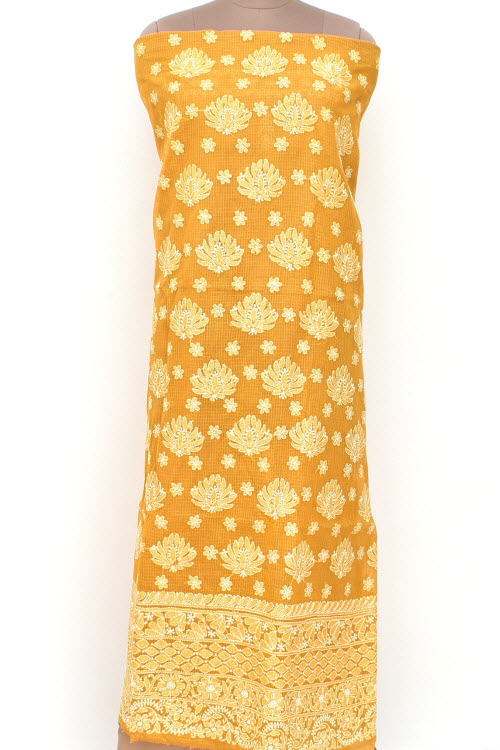 Mustard Yellow Hand Embroidered Lucknowi Chikankari Kota Cotton Kurti Fabric 18433