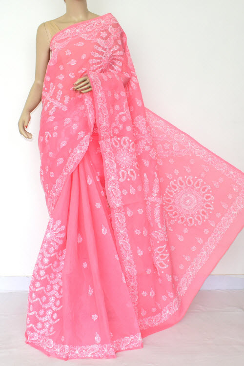 Peach Exclusive Hand Embroidered Lucknowi Chikankari Saree (With Blouse - Cotton) 14814